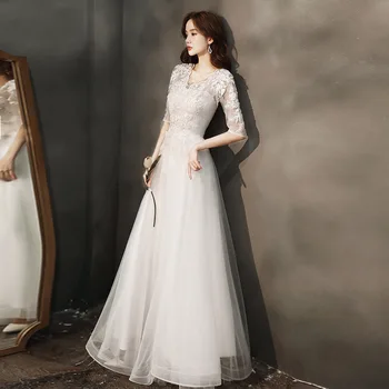 Baltos Spalvos Nėrinių Siuvinėjimo Vakarinę Suknelę Moteris 2023 Naujas Elegantiškas V-Kaklo Pusė Rankovės-Line Klasikinis Tiulio Grindų Ilgis Baigimo Chalatai