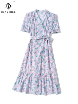 Birdtree 100%Mulberry Šilko Gėlių Suknelės Moterų V-Kaklo Sluoksniuotos Rankovėmis Juostinės Spausdinti Elegantiška Suknelė iki 2023 m. Vasarą, Rudenį Naujų D38490QM